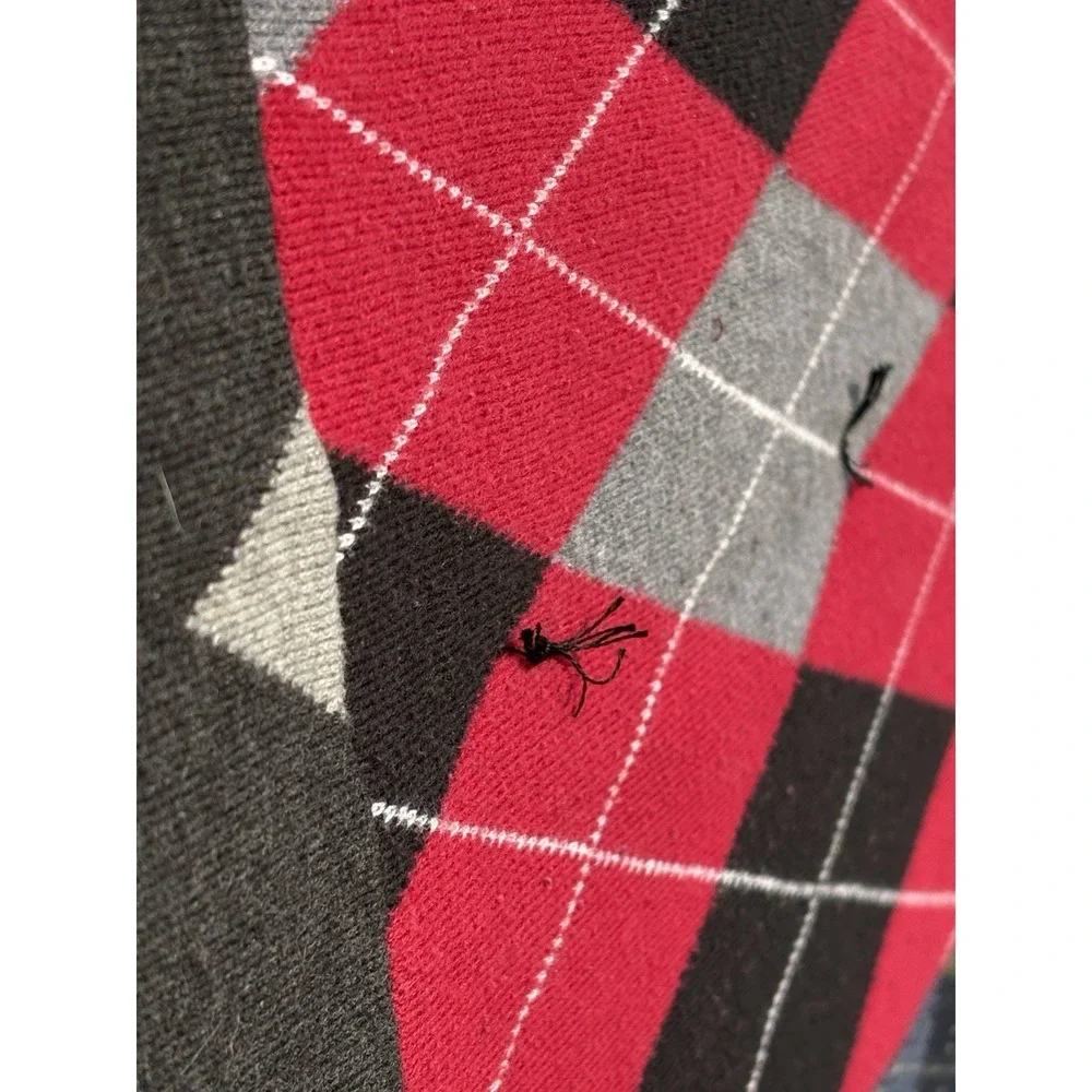 Vintage Hand Tied Argyle Knit Sweater Quilt Blanket Preppy Cotton Back Upcycled
